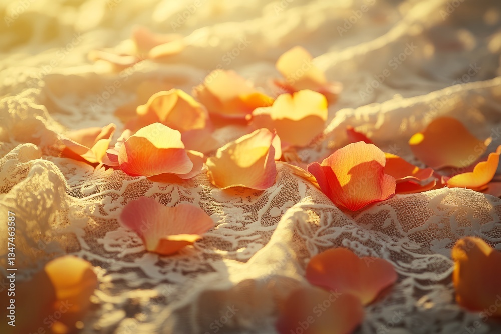 Colorful rose petals scattered on delicate lace fabric in soft sunlight for a romantic setting