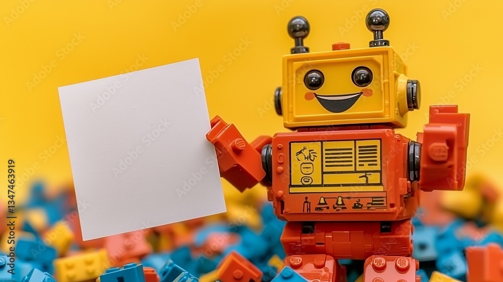 Fototapeta premium Cheerful Robot Holding Blank Sign with Colorful Blocks