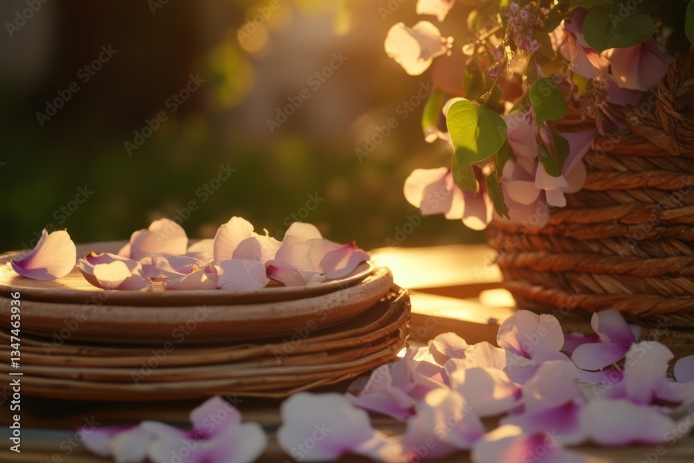 Plates surrounded by flower petals with a basket of blooms during golden hour outdoors
