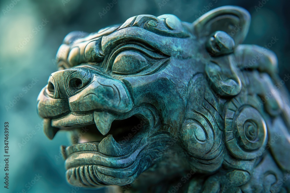 Close-up of an intricately carved teal-colored stone lion statue, showcasing its detailed features and weathered texture. Close-up of an intricately carved teal-colored stone lion statue, showcasing its detailed features and weathered texture.