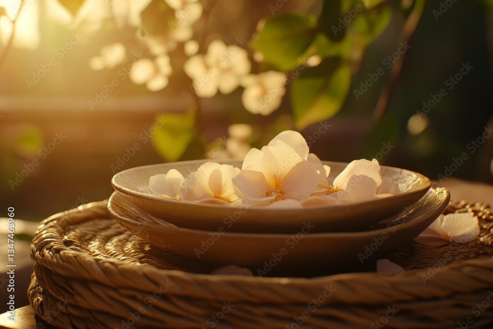 Plates with flower petals basking in warm sunlight in a serene outdoor setting