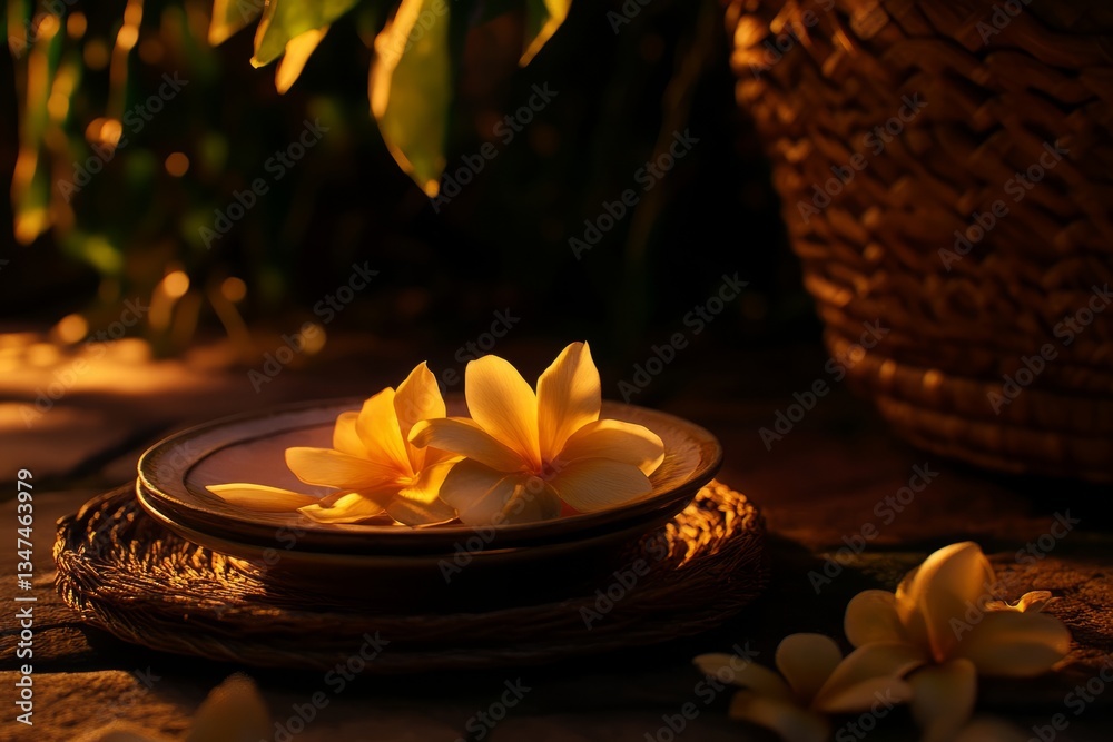 Beautiful yellow flowers resting on a wooden plate in soft evening light surrounded by nature