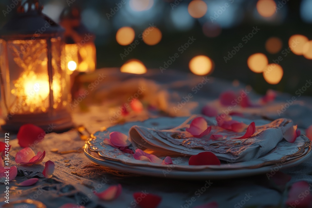 Romantic dinner setup with lanterns and rose petals at dusk in a serene outdoor setting