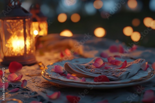 Obraz na płótnie Romantic dinner setup with lanterns and rose petals at dusk in a serene outdoor setting w salonie