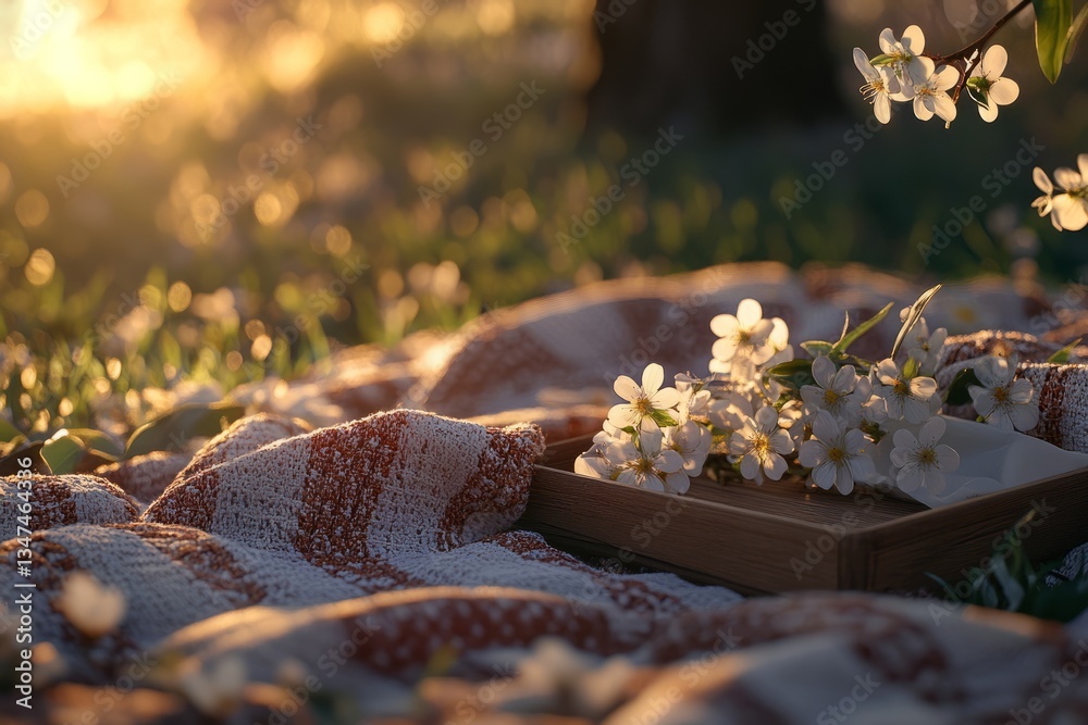 Cozy picnic setup with a blanket and flowers during sunset in a serene outdoor setting