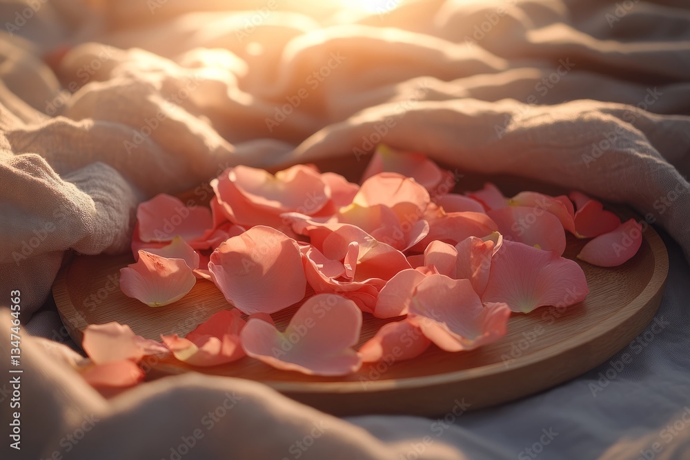 Rose petals arranged on a wooden plate with soft textile backdrop during sunset light