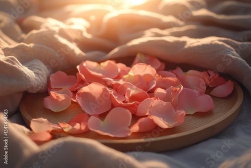 Obraz na płótnie Rose petals arranged on a wooden plate with soft textile backdrop during sunset light w salonie