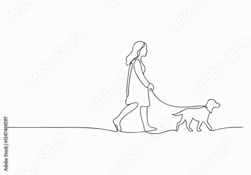 Continuous One Line Girl Walking with Dog | Minimalist Pet Companion Vector Illustration