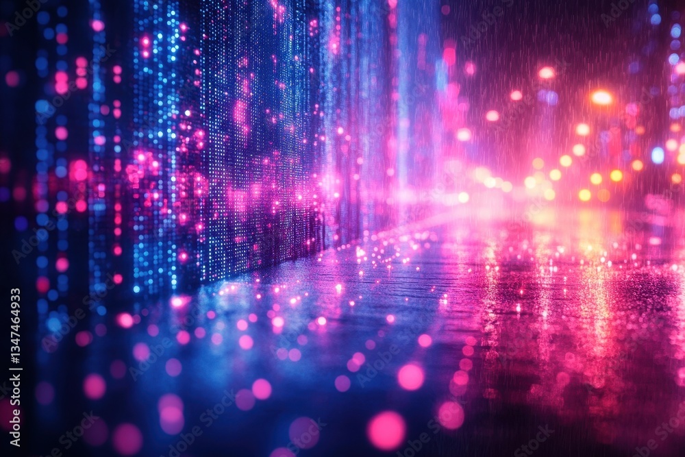 Colorful neon lights reflecting on a wet street during a rainy night in an urban setting Colorful neon lights reflecting on a wet street during a rainy night in an urban setting