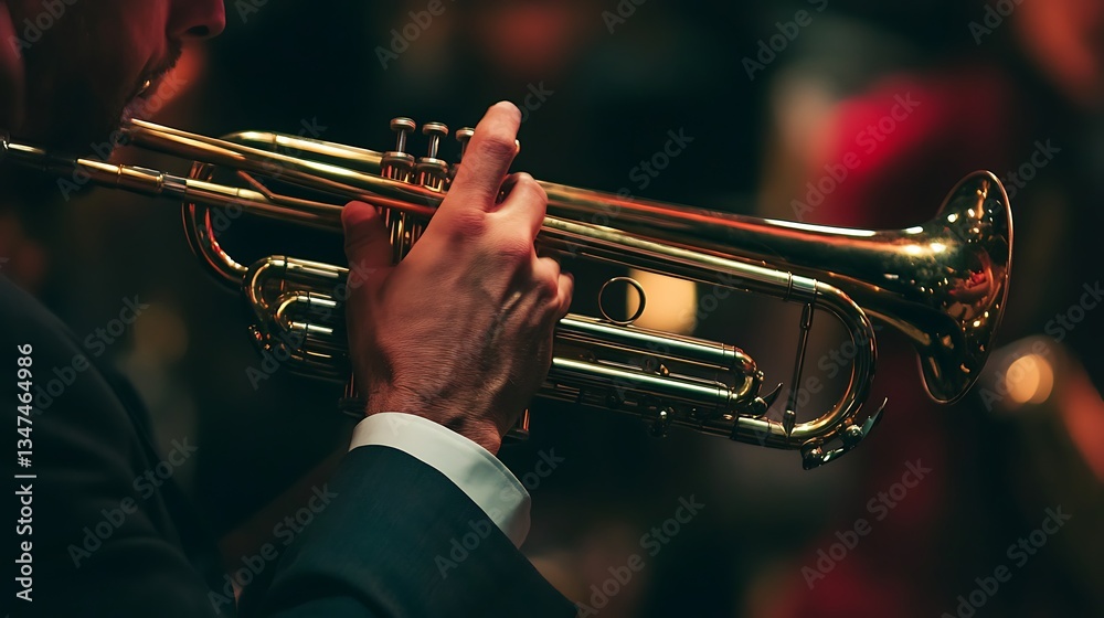 Obraz premium Man playing brass trumpet in orchestra hall