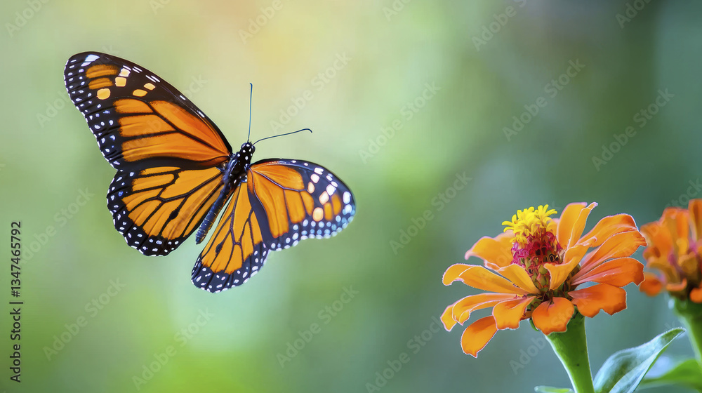 Fototapeta premium vibrant Monarch butterfly gracefully flutters near bright orange flower, showcasing nature beauty and delicate balance