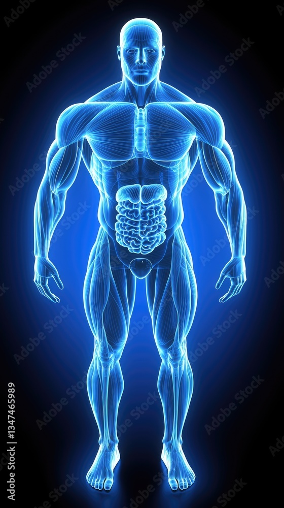 Anatomical x-ray body muscles revealed in glowing blue for medical or health purposes Anatomical x-ray body muscles revealed in glowing blue for medical or health purposes