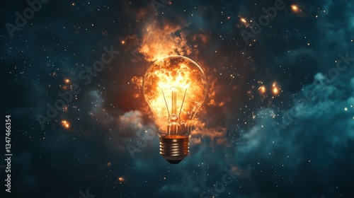 Creative rocket light bulb with smoke and blast successfully takes off into the starry sky. Business start up launch and successful idea, concept.