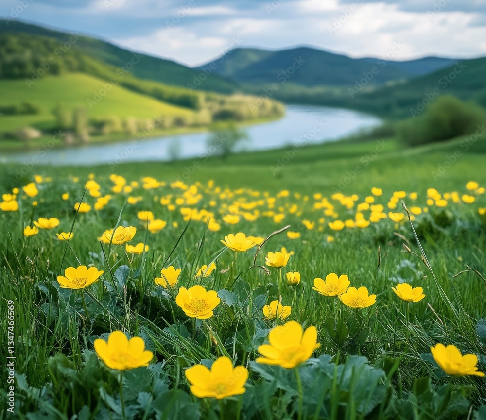Obraz premium Field of Yellow Flowers in Spring with River and Mountain Backdrop