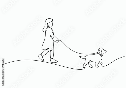 Continuous One Line Girl Walking with Dog | Minimalist Pet Companion Vector Illustration