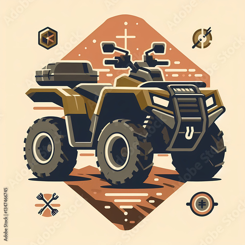 Flat vector illustration of an all-terrain vehicle (ATV), bold and rugged design, simple geometric shapes, earthy adventure colors.