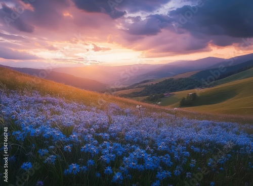 Blue Flowers Blooming on Rolling Hills at Sunset in Mountain Landscape