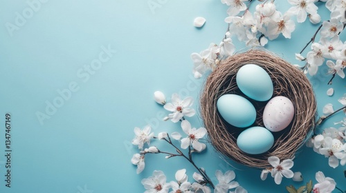 Happy Easter concept with easter eggs in nest and spring flowers. Easter background with copy space. Flat lay