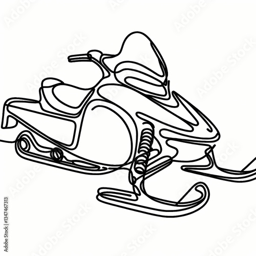 Continuous one-line drawing of a snowmobile, smooth abstract curves forming a streamlined silhouette.