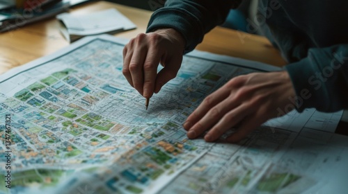Hyper-realistic close-up of an urban planner's hands reviewing blueprints and zoning maps with intricate details, representing the precision and care in urban planning
