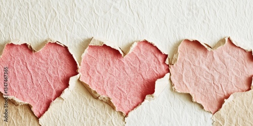 Torn paper edges reveal heart shapes in shades of pink on a textured background
