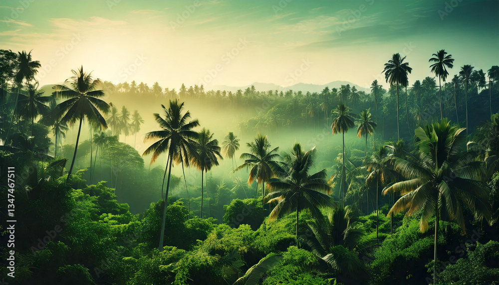 Palm tree jungle in morning landscape green background. Palm tree jungle in morning landscape green background.