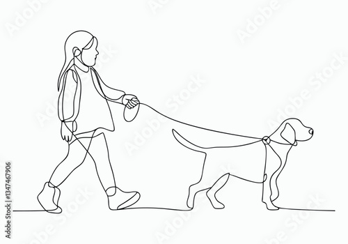 Continuous One Line Girl Walking with Dog | Minimalist Pet Companion Vector Illustration