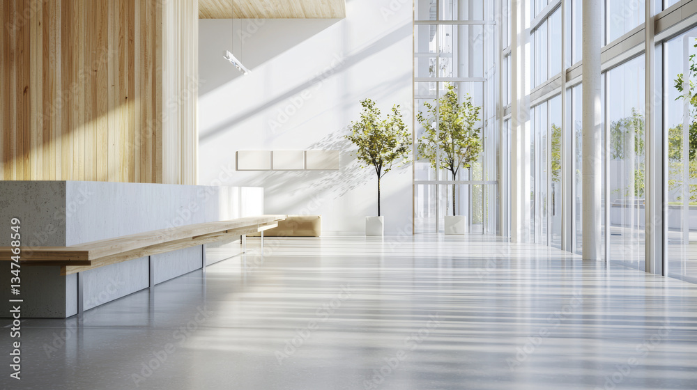 Obraz premium modern interior space featuring large windows, natural light, and minimalist design elements. wooden accents and greenery create serene atmosphere
