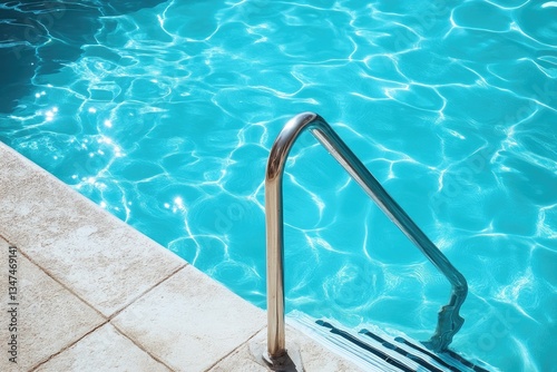 Sparkling blue pool water with a metal handrail