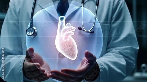 A doctor holding a projection of a holographic human heart, wearing white lab coat and stethoscope. v4