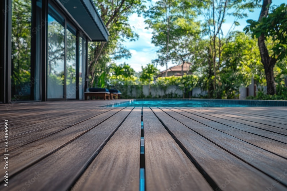 Tranquil deck overlooking a pool Tranquil deck overlooking a pool