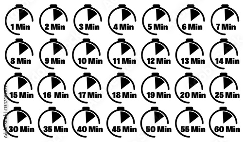Stopwatch timer icon set, countdown for 60 minutes, time running out concept