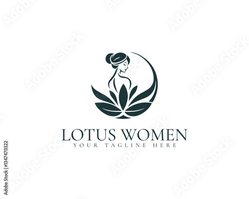 Feminine Lotus Woman Logo. A Beautiful Symbol of Yoga, Feminine Strength, Wellness and Empowerment Brands.