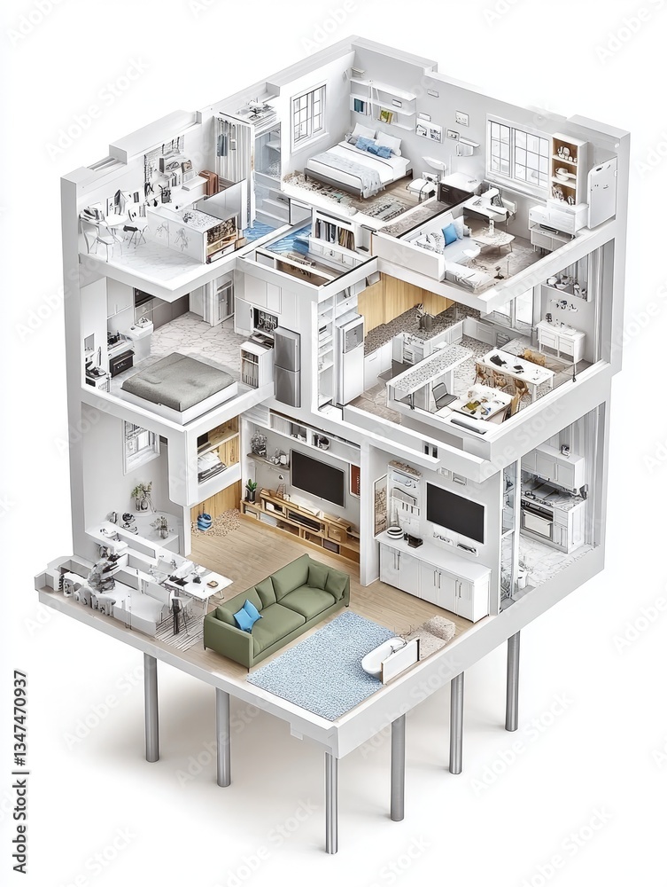 Apartment building cutaway showing interior design, architecture, and layout for real estate marketing Apartment building cutaway showing interior design, architecture, and layout for real estate marketing