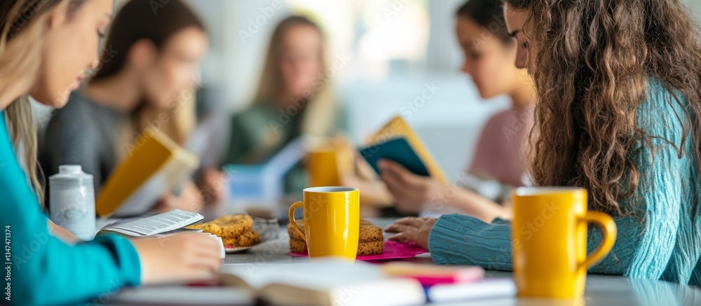 A small group of women engaged in Bible study.