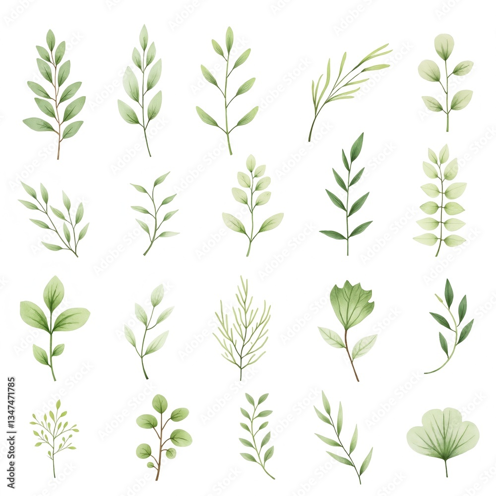 The image shows collections of plants. They are made in the same style, differ in simple lines and monochrome colors. The color palette includes shades of green with a yellowish-green base. The image shows collections of plants. They are made in the same style, differ in simple lines and monochrome colors. The color palette includes shades of green with a yellowish-green base.