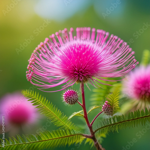 a close-up of sensitive brier with its spiky pink, globe-shaped flowers and delicate fern-like leaves; found in sandy soils and fields in Alabama and Mississippi
