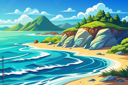 tropical beach with sea and clouds at day time cartoon, ocean wallpaper