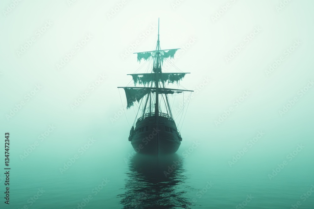 Eerie ghost ship floating in misty water at dawn, creating an atmosphere of mystery and adventure