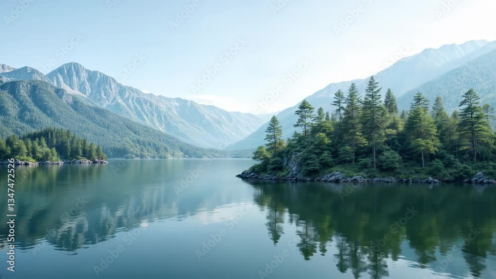 Scenic view of a tranquil lake with forested islands, surrounded by majestic mountains. Calm water reflects the sky and nature, creating a peaceful and serene landscape. Scenic view of a tranquil lake with forested islands, surrounded by majestic mountains. Calm water reflects the sky and nature, creating a peaceful and serene landscape.