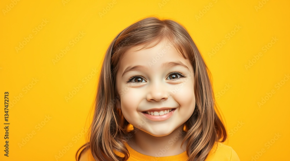 Young girl with bright smile posing against yellow background in cheerful expression Young girl with bright smile posing against yellow background in cheerful expression