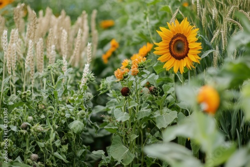 Diverse crop rotation on a regenerative farm, showing wheat, legumes, and sunflowers photo