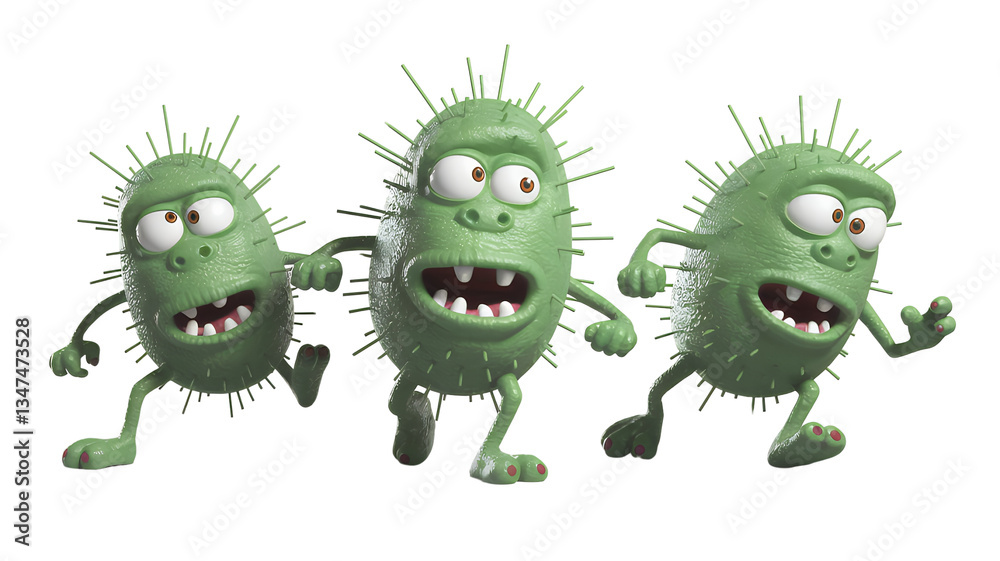 Fototapeta premium Three Spiky Creatures in Motion with Expressive Faces