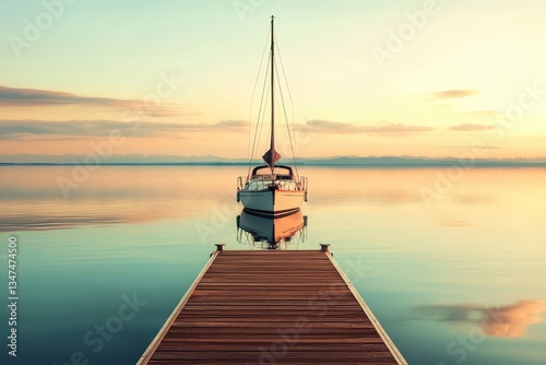 Calm waters at sunset with a sailboat docked on a wooden pier in a tranquil lakeside setting