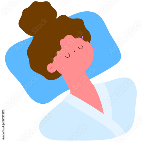 woman closing eyes and receiving facial acupuncture, alternative therapy flat vector illustration