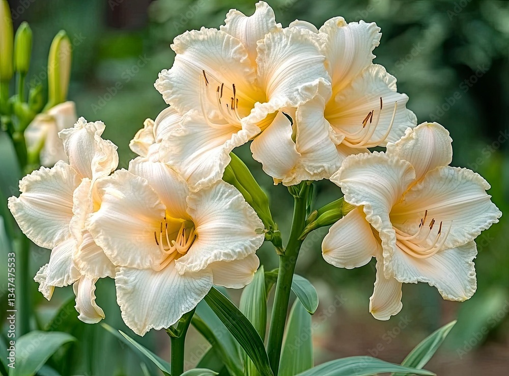 Fototapeta premium Cream Daylily Blooming in Garden with Green Foliage Background