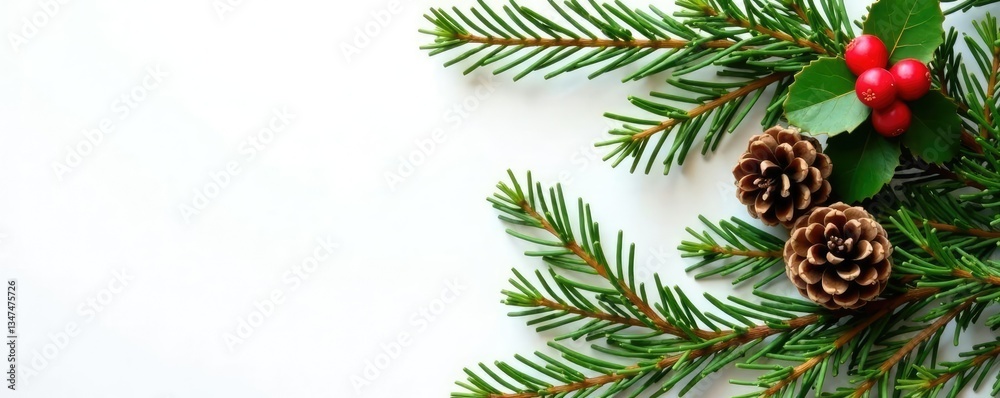 Evergreen spruce branches with pinecones and holly, against a warm white background, branches, pinecones, decoration Evergreen spruce branches with pinecones and holly, against a warm white background, branches, pinecones, decoration
