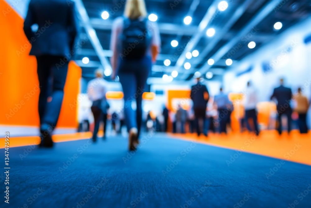 An energetic scene of individuals navigating through a conference setting.
