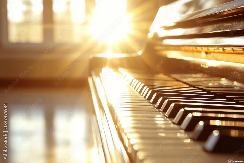 Capturing the essence of music with sunlit piano keys at home.