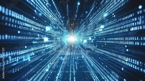Stream of binary code converging, glowing. Data highway. Abstract photo